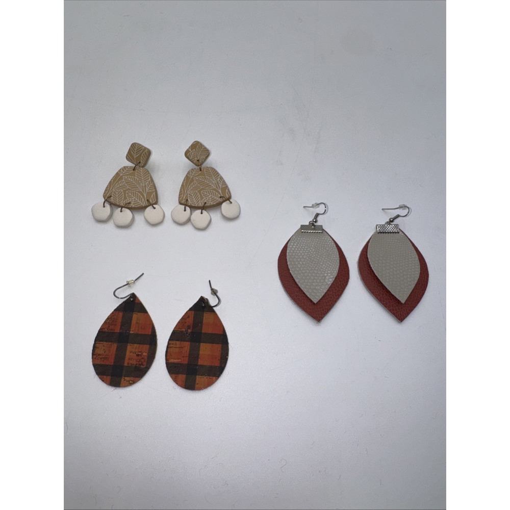 Three Pairs Of Cute Fall Theme Dangle Pierced Earrings Handmade Orange Tan Plaid